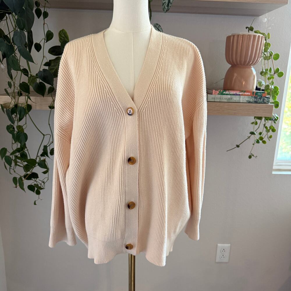 Lillusory Oversized Button-Front Cardigan Sweater Beige Ribbed Knit Size M